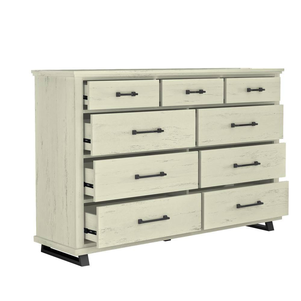 64" Dresser with 9 Drawers Cut Off-White - Festivo: Modern Farmhouse Style, Iron Leg Support, MDF Construction