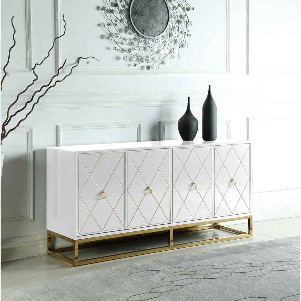 Best Master Furniture Senior 64" Transitional Wood Sideboard in White/Gold