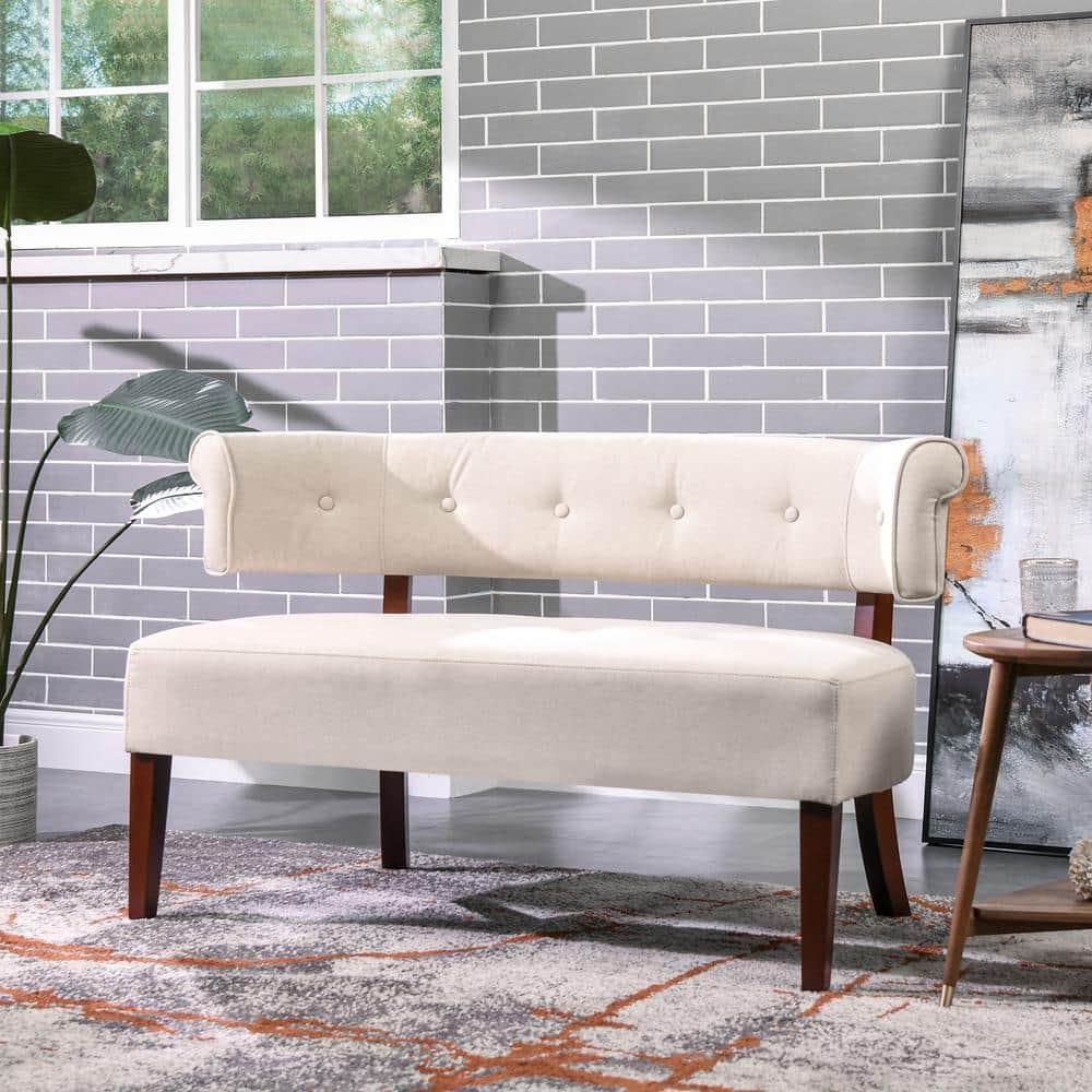 Jennifer Taylor Home Jared Roll Arm Tufted Polyester Fabric Bench, Sky Neutral Beige