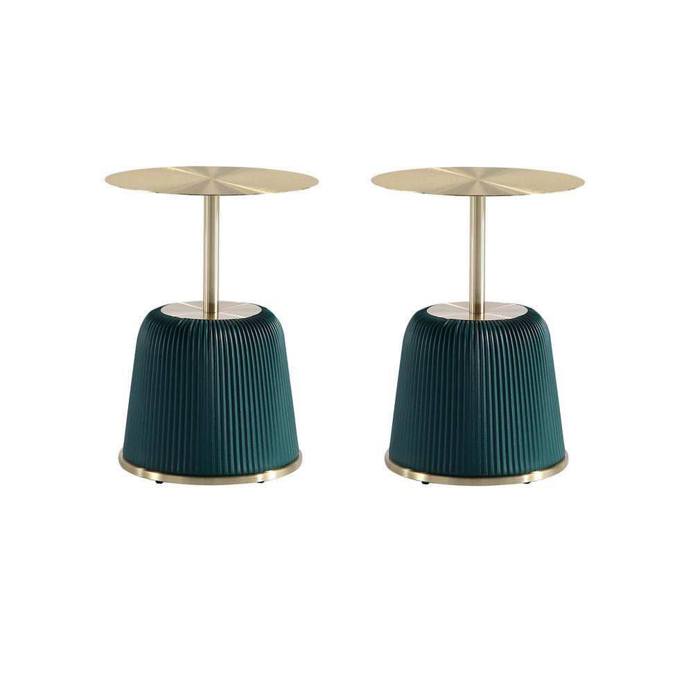 Manhattan Comfort Set of 2 Anderson Leatherette Upholstered End Tables with Gold Tabletop Green: Round, No Assembly, Stainless Steel Frame