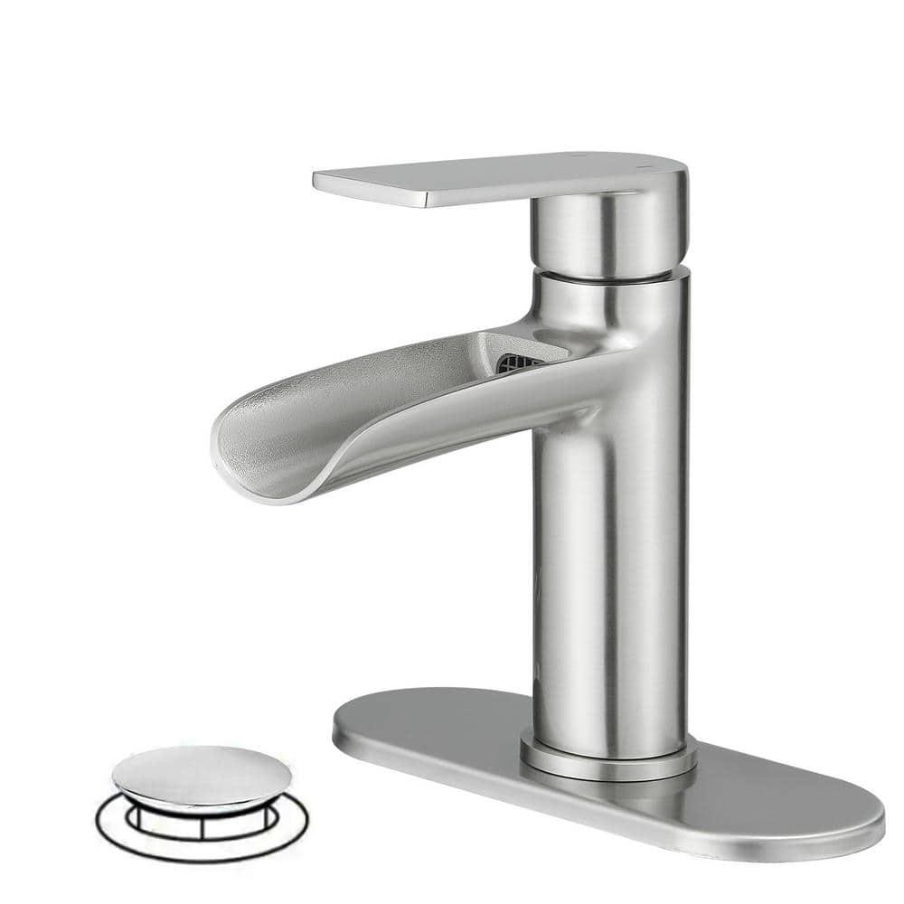BWE Bathroom Faucets Waterfall Bathroom Faucet with Pop Up Drain for Bathroom Sink Single Hole Farmhouse RV Bathroom Basin Faucet Brushed Nickel