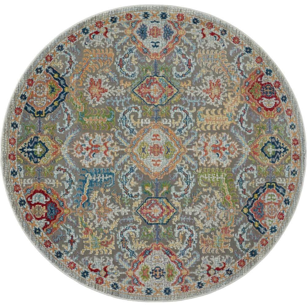 Nourison Global Vintage Traditional Bordered Indoor Area Rug Grey/Multicolor 6' x Round
