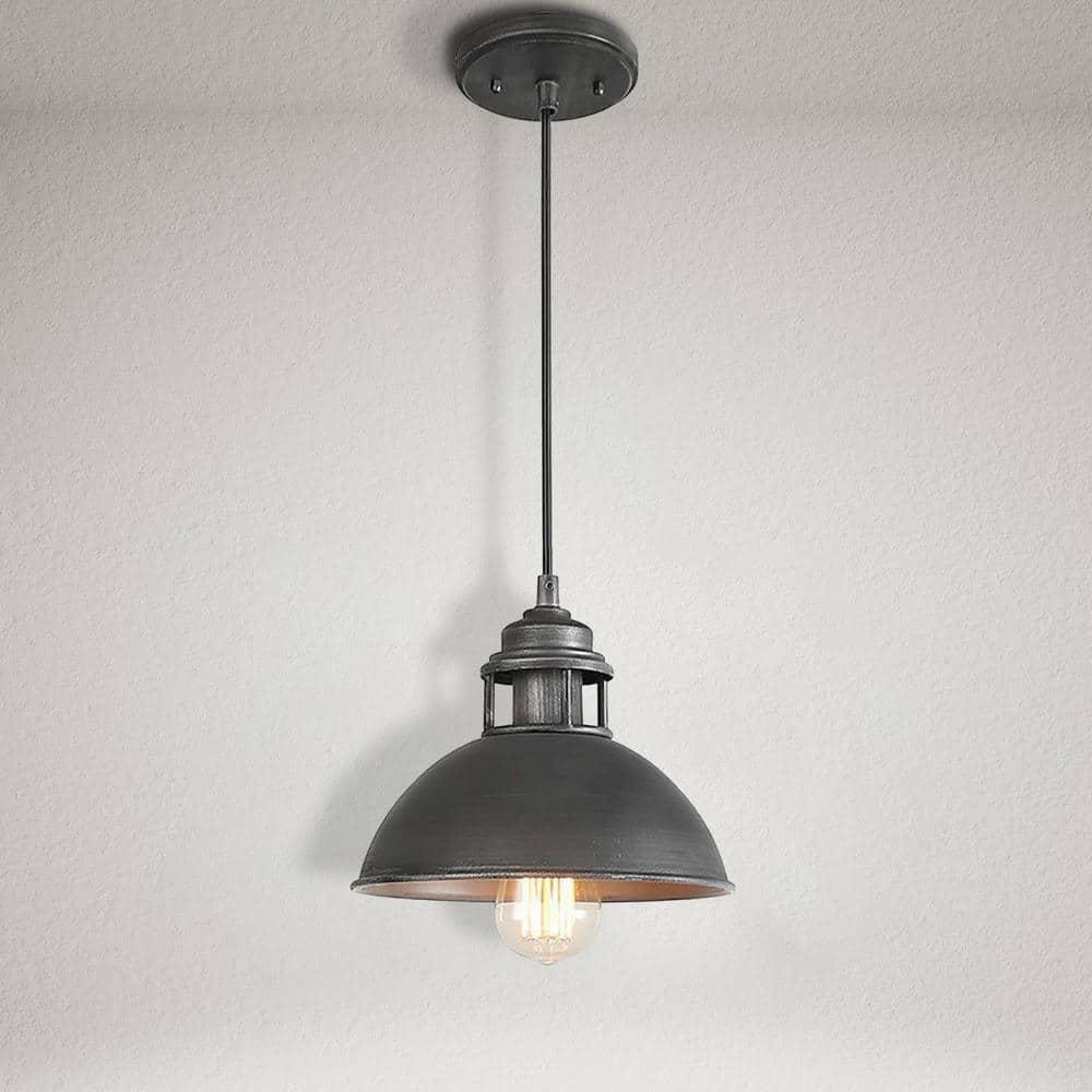 9" Industrial Mini Pendant Light, Brushed Gray Dome Metal Fixture for Kitchen Island or Dining