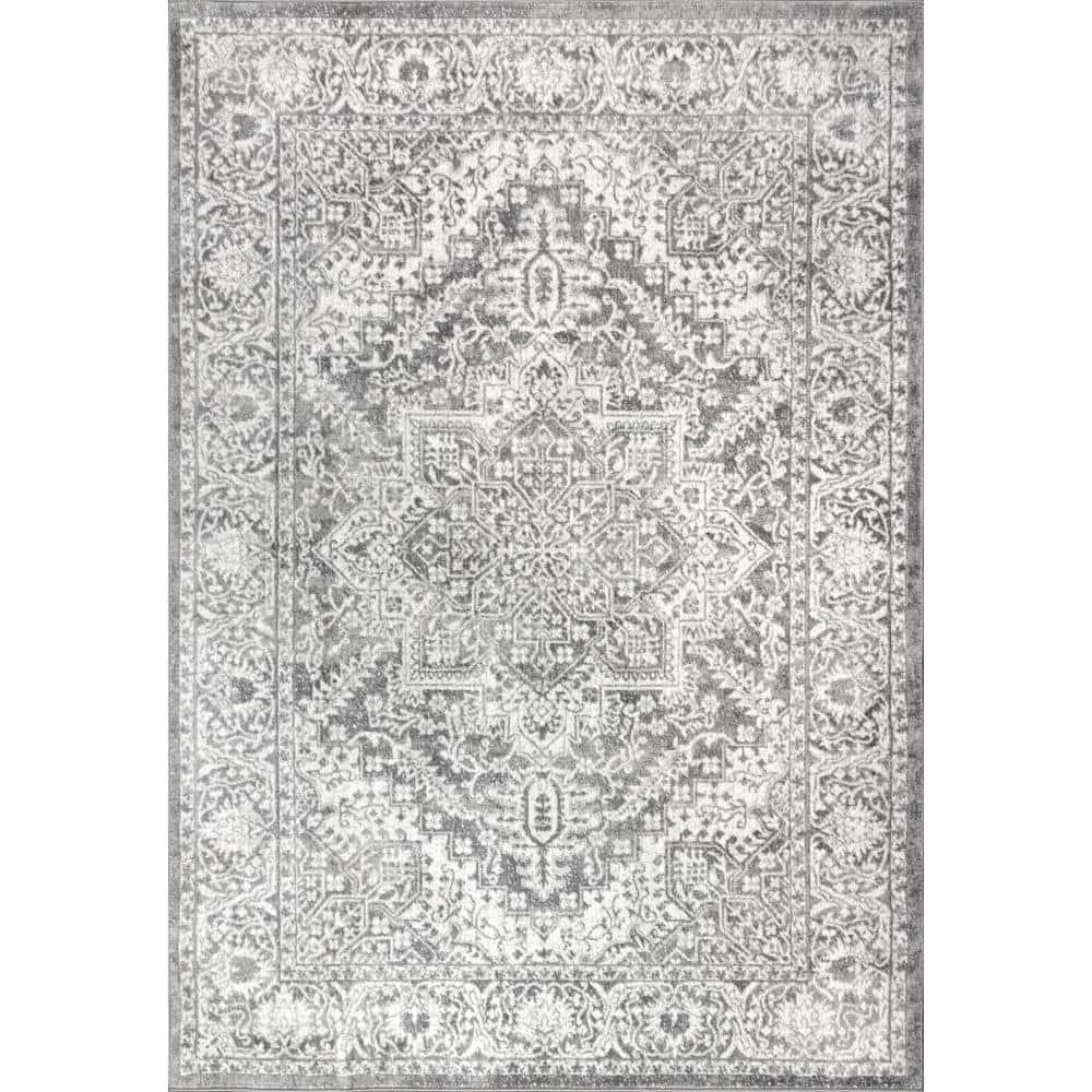 8'x10' Modern Persian Vintage Medallion Area Rug, Light Grey - JONATHAN Y
