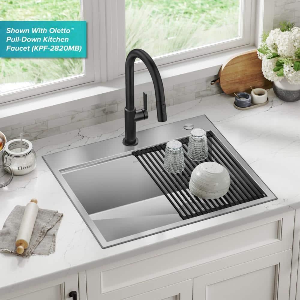 Kraus KWT311-25 KRAUS Kore™ Workstation 25-inch L Drop-In 16 Gauge Single Bowl Stainless Steel Kitchen Sink with Accessories