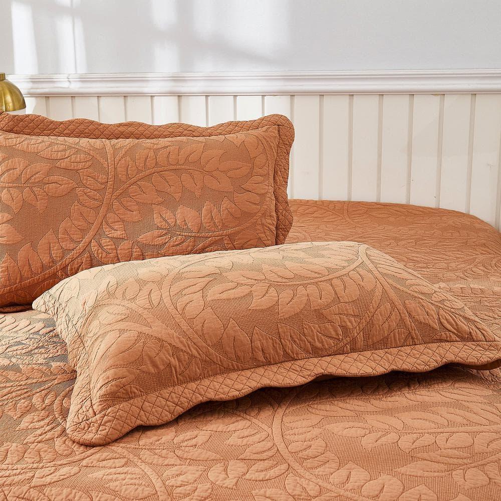 MarCielo  2-Piece 100% Cotton Embroidered Quilted Pillow Shams Royal Orange - King