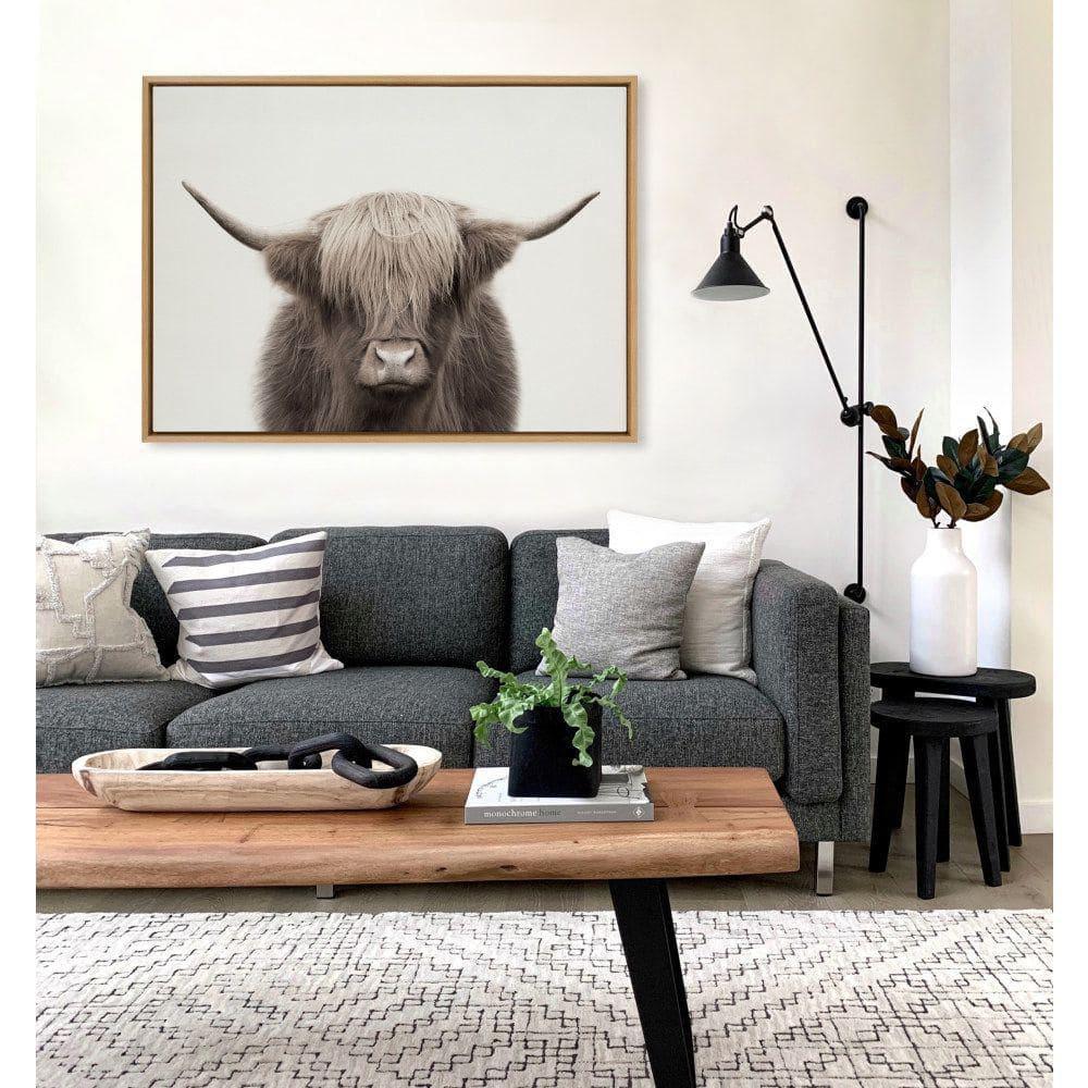 Kate and Laurel Sylvie Hey Dude Highland Cow Color Framed Canvas by The Creative Bunch Studio, 31.5 x 41.5, Natural