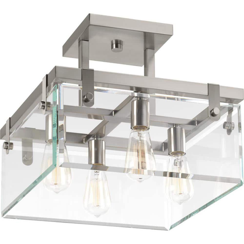 Progress Lighting Glayse 4-Light Semi-Flush Convertible Fixture, Brushed Nickel, Beveled Glass Shade