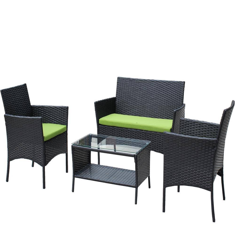 Seizeen Outdoor Patio Conversation Set, 4 Pieces Rattan Patio Set with Cushion, Patio Deck Yard Furniture Sofa Set, New Outdoor Coffee Table & Chairs, Green Cushion and Black Rattan