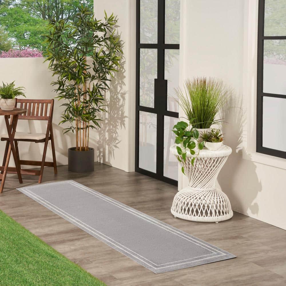 Nourison Essentials 2' x 6' Grey/Ivory Contemporary Bordered Indoor/Outdoor Area Rug