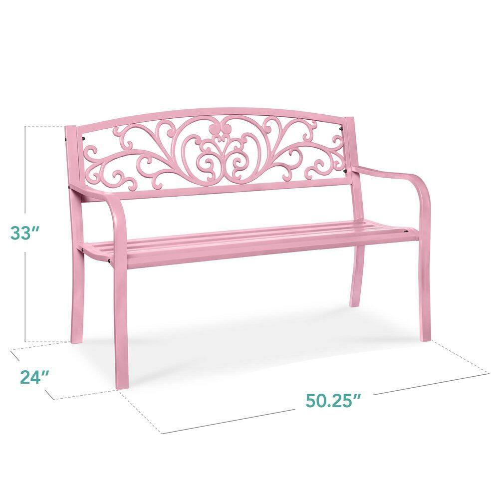 World Menagerie Outdoor Steel Bench with Floral Backrest & Slatted Seat, Marigold for Garden, Patio, Porch, Lawn, and Deck