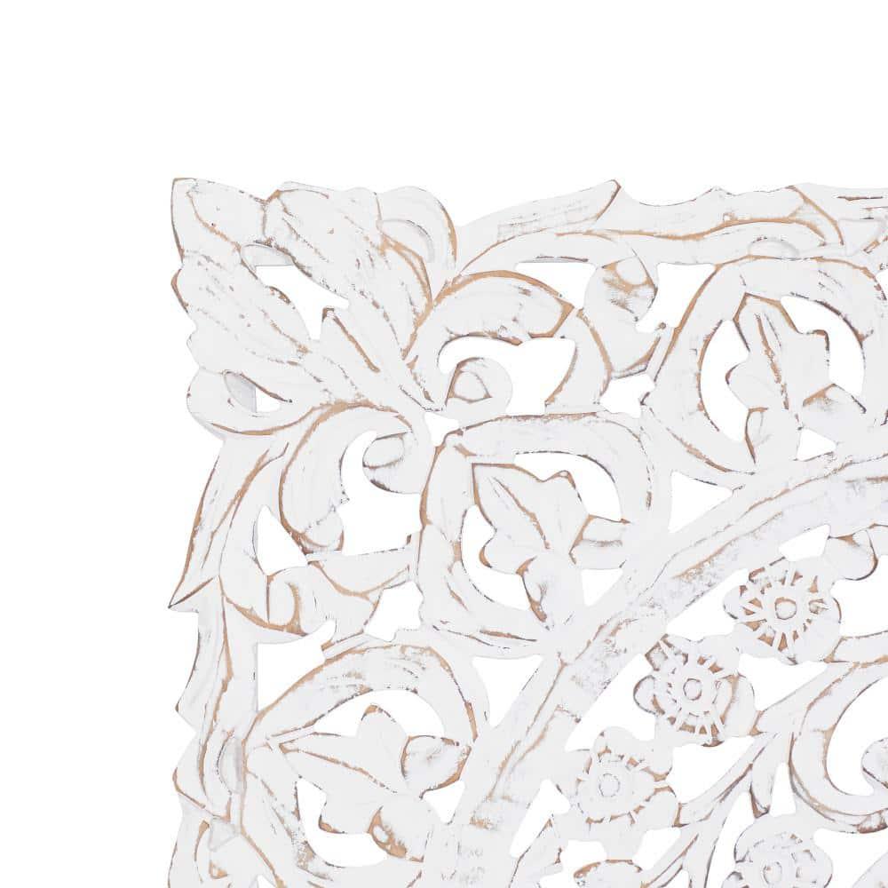 DecMode Traditional Wood Square White Handmade Wall Décor with Carved Mandala Design, 36"W x 36"H