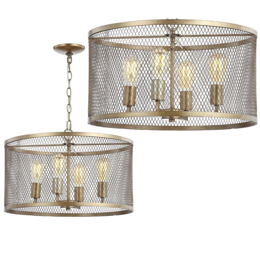 Pen 4-Light 20" Iron Adjustable Industrial Mesh LED Pendant, Gold
