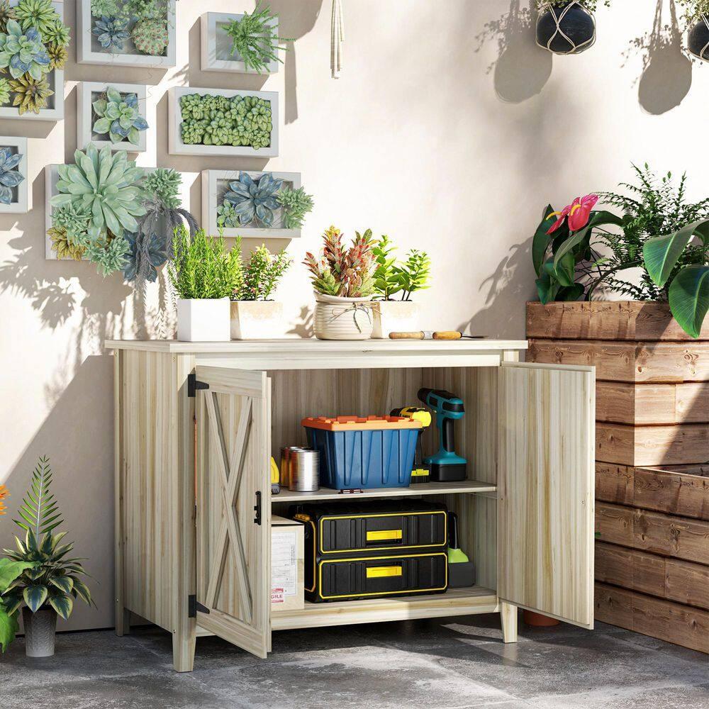 Outsunny Wood Outdoor Storage Cabinet, Compact Garden Shed Potting Shed with Shelf and Double Doors, Natural Wood