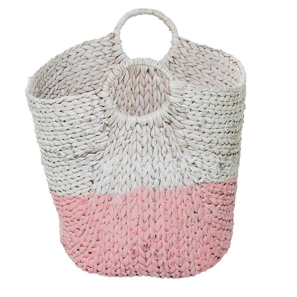 Cosmoliving by Cosmpolitan Seagrass Contemporary Woven Storage Basket 21"W x 19"H, with Daisy White Finish and Half Dipped Pink Accent