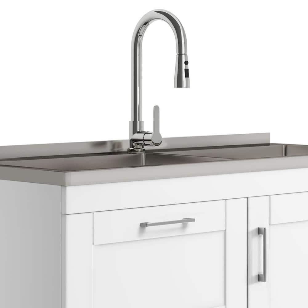 Modern Wide Shaker 46"W Utility Sink & Laundry Cabinet with High-Arc Facet and Stainless Steel Sink, White