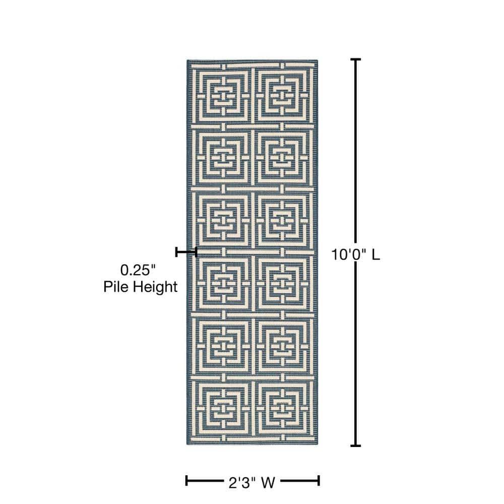 SAFAVIEH Courtyard Ariana Geometric Indoor/Outdoor Runner Rug, Navy/Beige, 2'3" x 10'