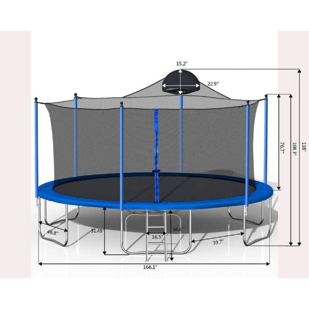 14FT Trampoline with Basketball Hoop for Kids & Adults, Outdoor Round Trampoline with Safety Enclosure Net, Recreational Heavy-Duty Trampoline, Blue