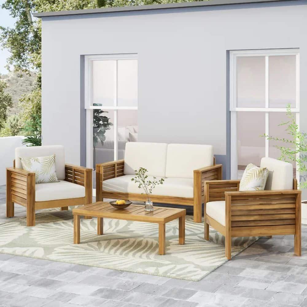 Christopher Knight Home Rabun Outdoor Acacia Wood 4 Seater Chat Set with Cushions, Cream/Teak