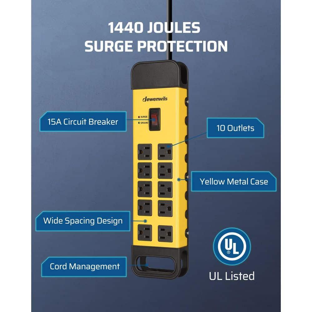 DEWENWILS 10 Outlets Heavy Duty Metal Surge Protector Power Strip with 15ft Long Cord, Flat Plug, 1440Joules