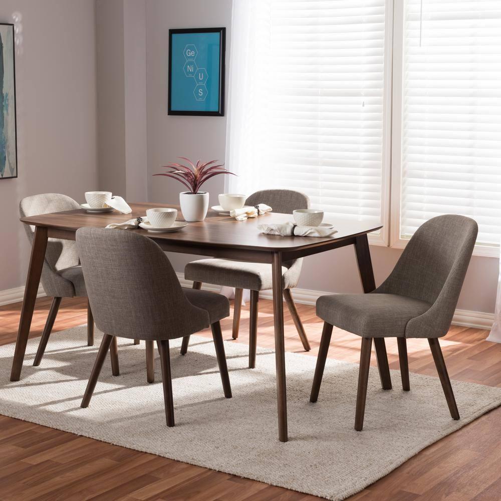 Baxton Studio Cody Mid-Century Modern Fabric Upholstered Walnut Finished Wood 5-Piece Dining Set, Multiple Colors