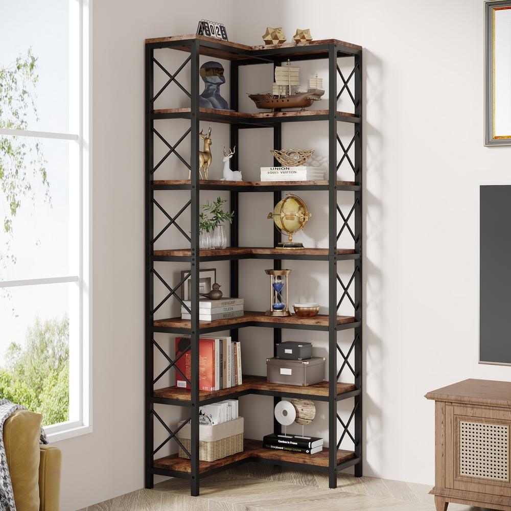 Hommoo 7-Tier Tall Corner Bookshelf Rustic Brown