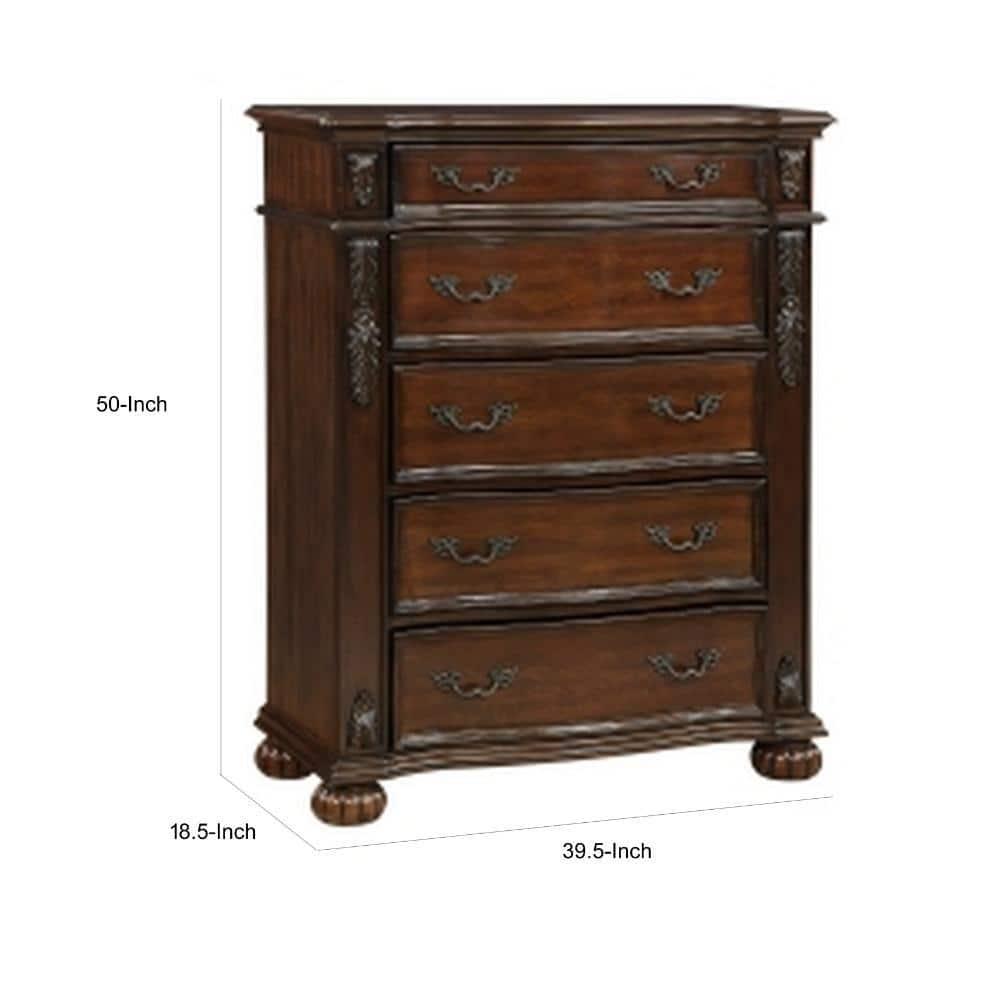 Benjara Nami 50 Inch Tall Dresser Chest, 5 Drawers, Carved Cherry Brown Solid Wood