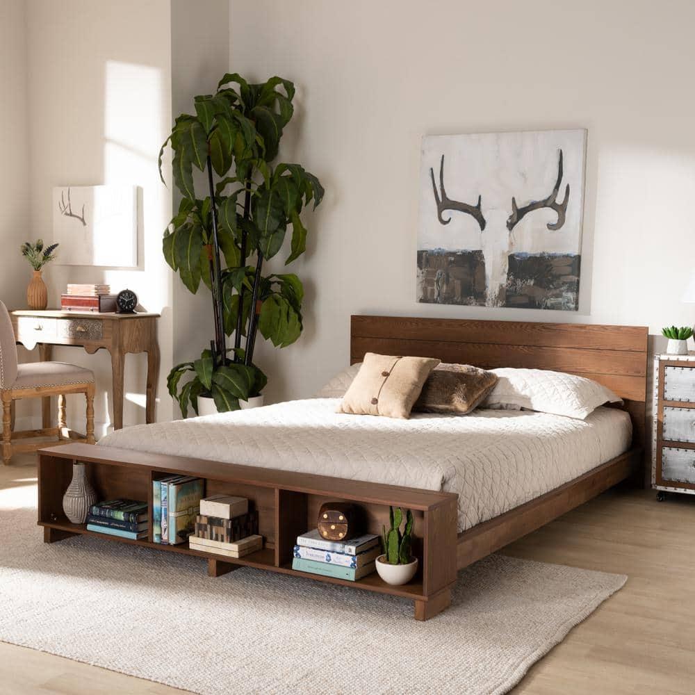 Queen Regina Wood Platform Storage Bed with Built-In Shelves - Baxton Studio: Rustic Bedroom Furniture