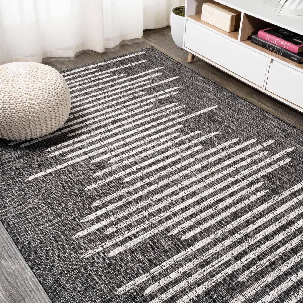 4'x6' Zolak Berber Stripe Geometric Indoor/Outdoor Area Rug, Black/Ivory - JONATHAN Y