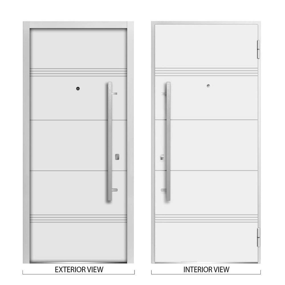 VDOMDOORS Front Exterior Prehung Steel Door 36 x 80 inches Right-Hand/Deux 1705 White Enamel/Horizontal Lines Single Modern Painted