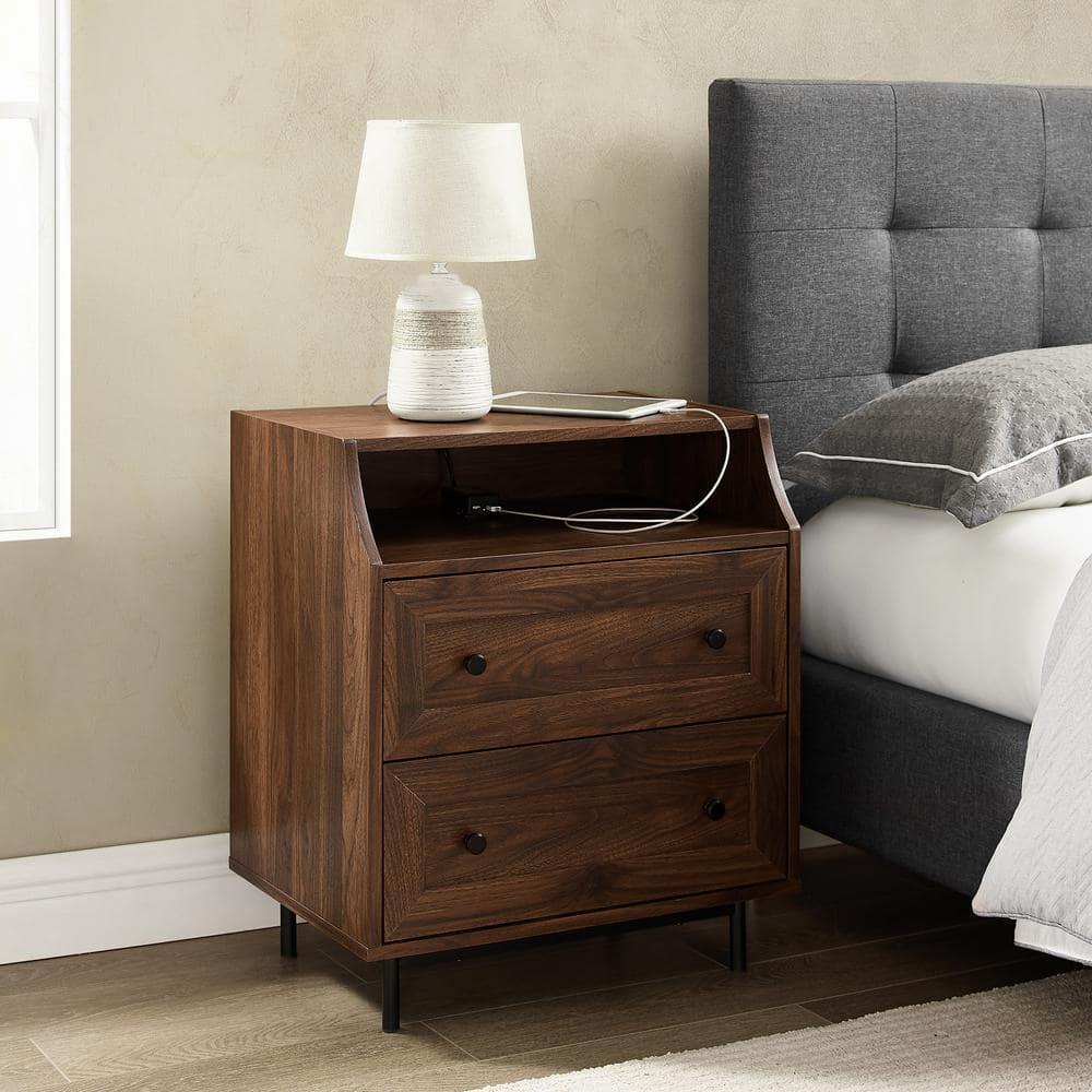 Walker Edison Modern 2 Drawer Nightstand with USB Port, Dark Walnut