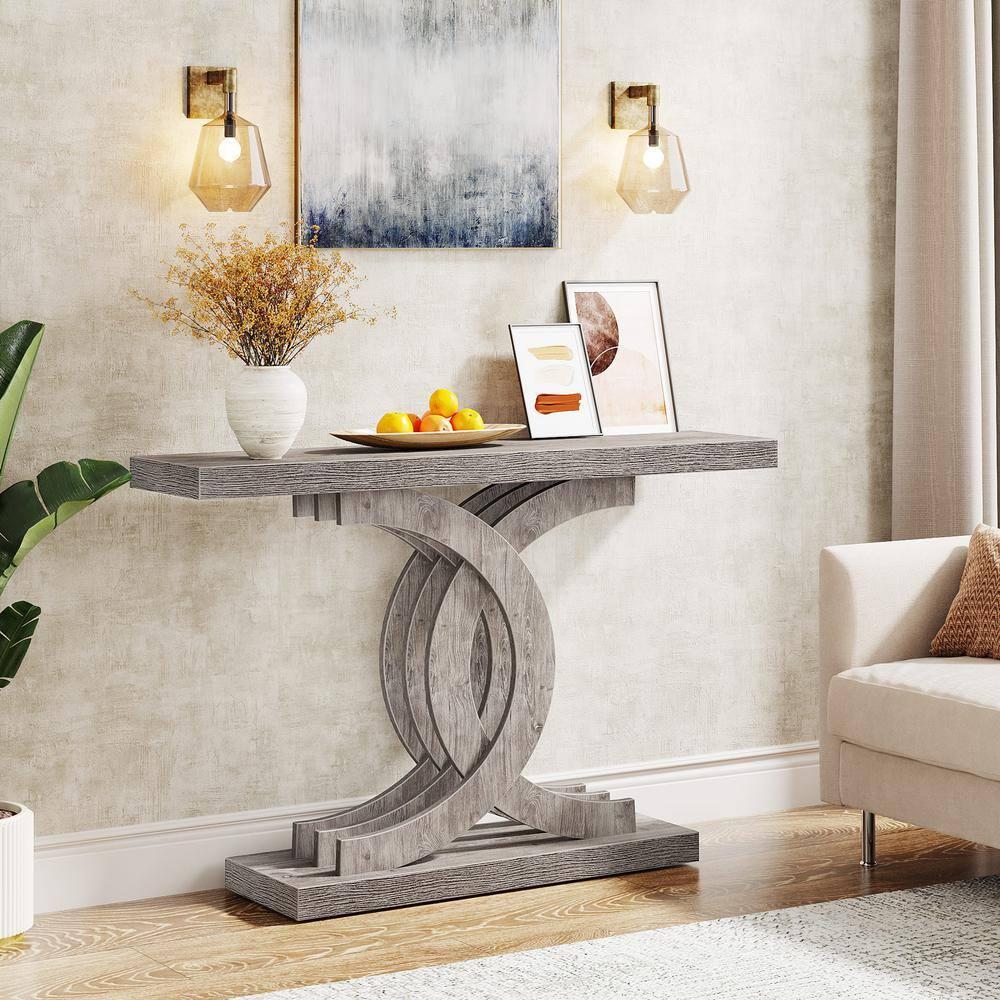 Tribesigns Modern 39-inch Console Tables, Farmhouse Entryway Table with Geometric Base, Wooden Narrow Hallway Table/Sofa Table for Living Room, Grey