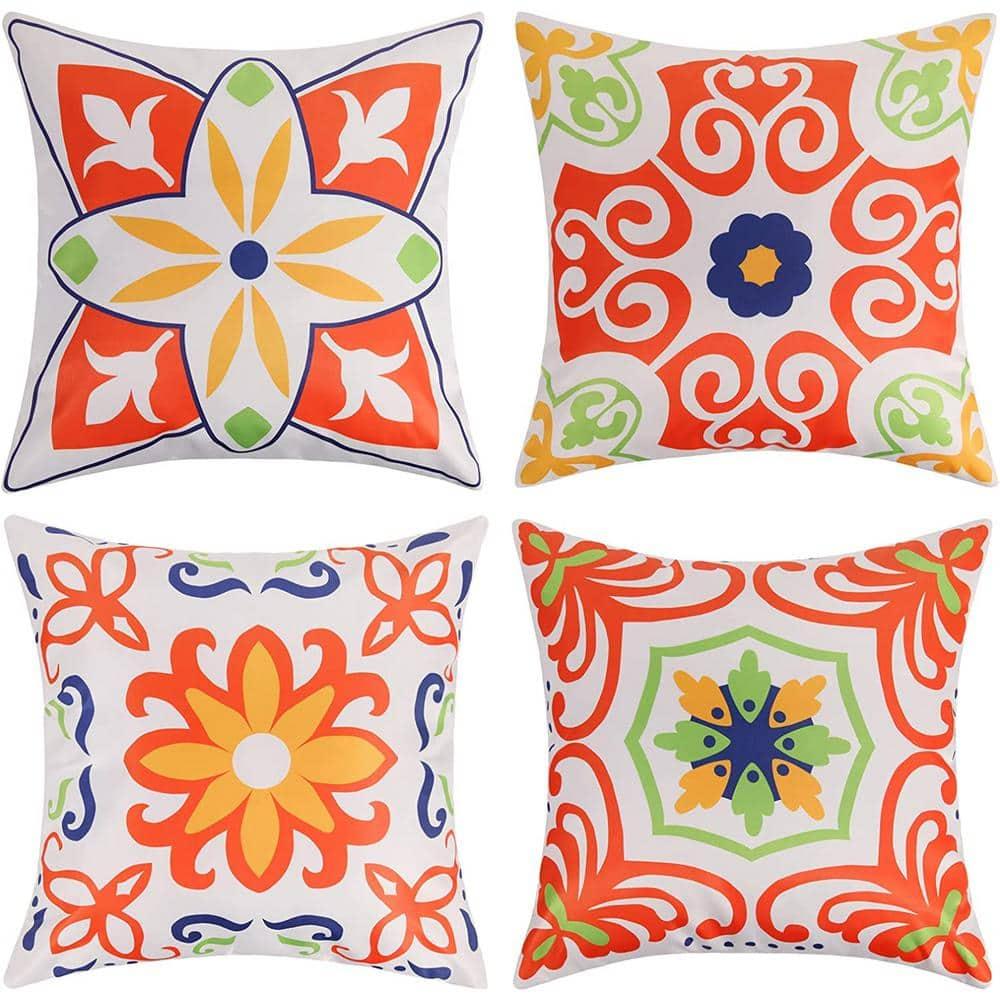 Pyonic Outdoor Waterproof Throw Pillow Covers for Patio Furniture Decorative Boho Pillow Covers 18x18 Floral Printed for Patio Tent Couch Garden Set of 4,Orange