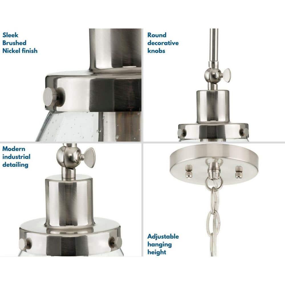 Progress Lighting Hinton 1-Light Industrial Pendant, Brushed Nickel, Seeded Glass Shade