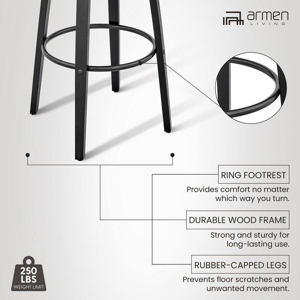 30" Daxton Counter Height Barstool with Gray Faux Leather Seat Black Finish Frame - Armen Living: Swivel, Footrest, Wood Frame
