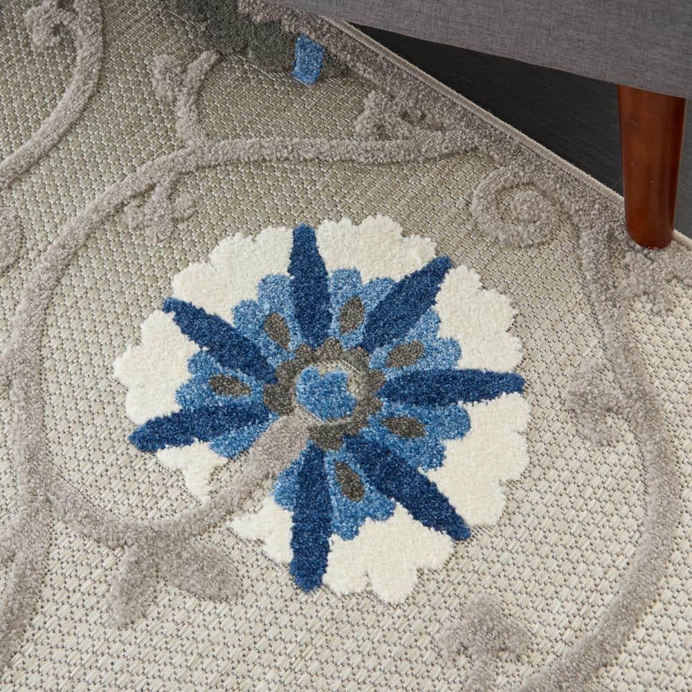 Nourison Aloha Contemporary Floral Flatweave High-Low Indoor Outdoor Area Rug Grey/Blue 3'6" x 5'6"