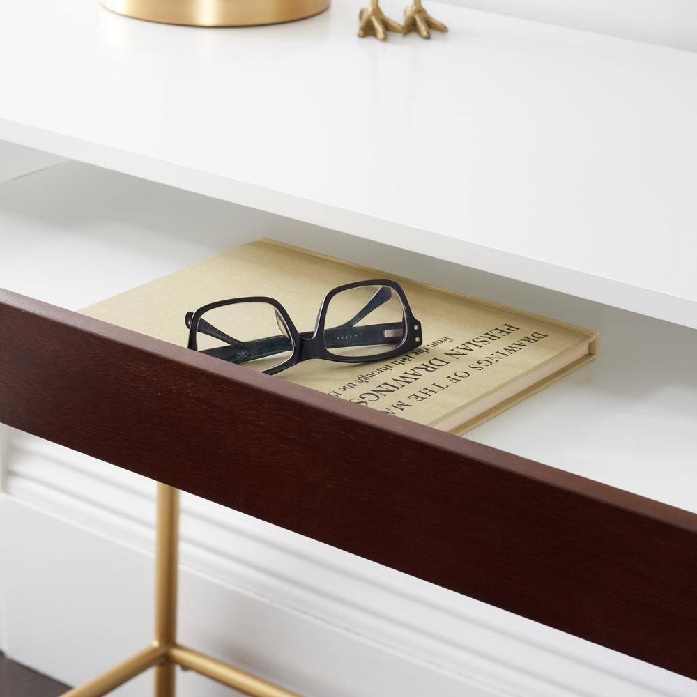 SAFAVIEH Nola Wood 1-Drawer Writing Desk, White/Brown/Gold