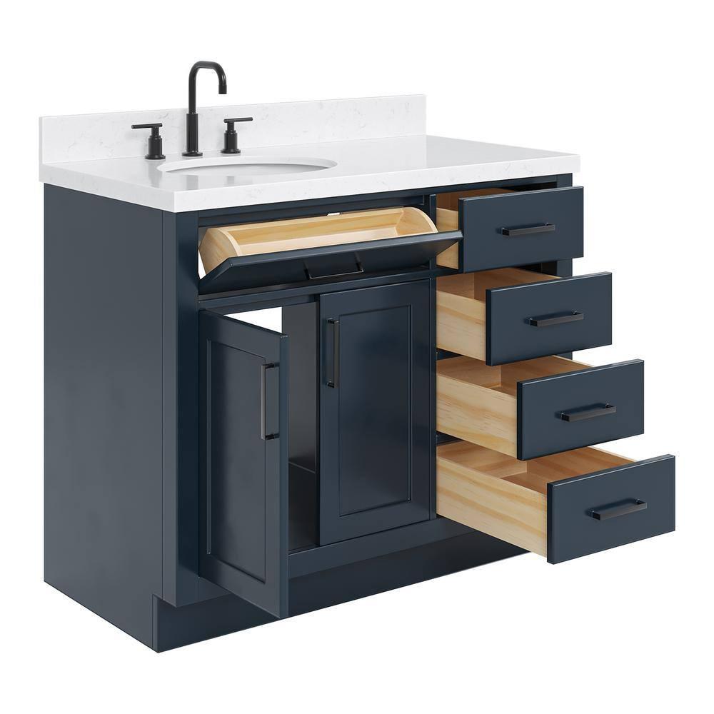 Hokku Designs Thornaby 42'' Solid Wood Single Bathroom Vanity with 1.5'' Carrara Quartz Top, Right Offset Oval Sink