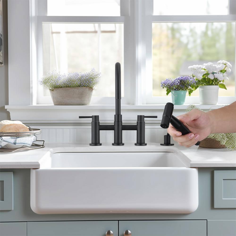 Double Handle Bridge Kitchen Faucet with Side Sprayer in Matte Black