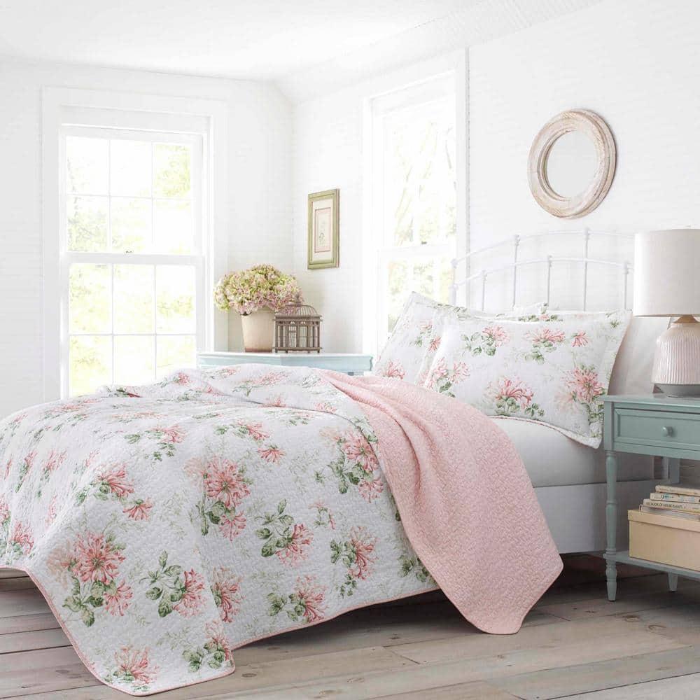 Laura Ashley Laura Ashley Honeysuckle Cotton Reversible Pink Quilt Set