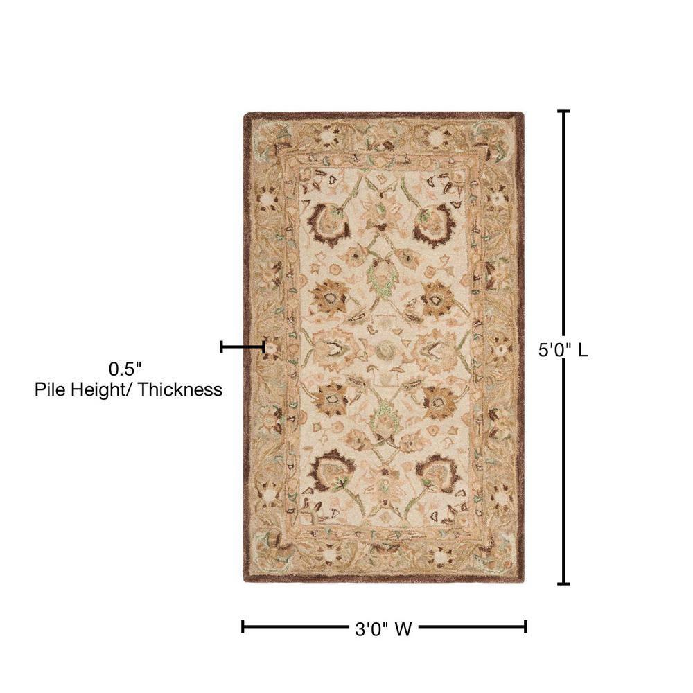 Ivory and Brown Floral Wool Handmade Tufted Rug, 3' x 5'