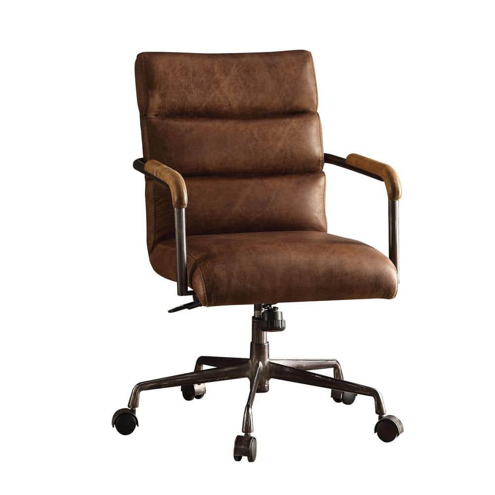 Leather Executive Swivel Office Chair with Lumbar and Back Support and Wheels, Industrial Modern Upholstered Home Desk Chair in Retro Brown Top Grain Leather for Living Room Office