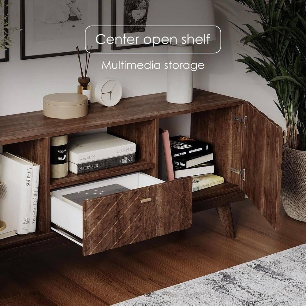 Living Skog  Alba Beige TV Stand Console with Drawer Fits TV's up to 65 in. with Wood Legs Mid Century Modern Design Brown Laminate,MDF Up to 240 lbs