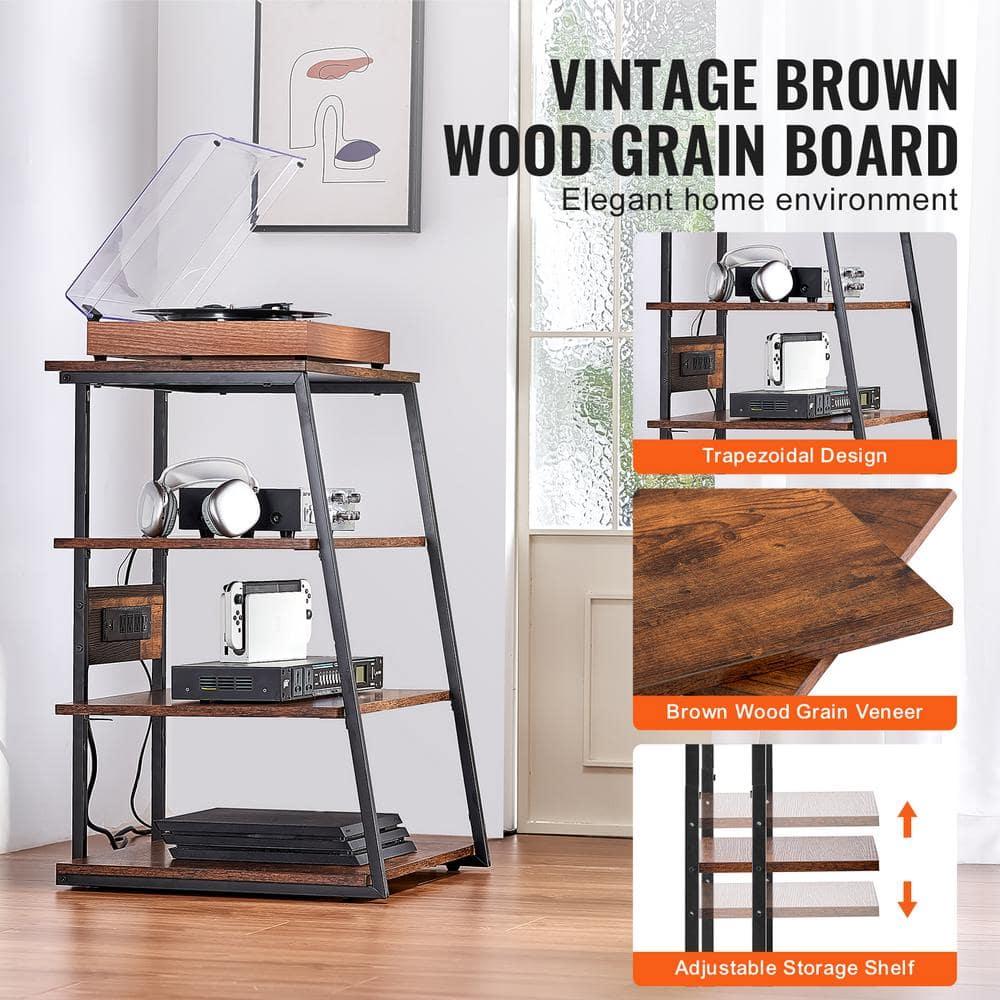 VEVOR 4-Tier AV Media Stand with Power Strips, Corner TV Stand with LED Lights, Height Adjustable Wooden Shelves