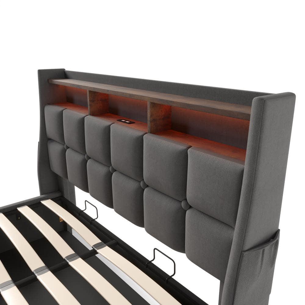 Gray Linen Upholstered Queen Platform Bed with LED Lights and Storage