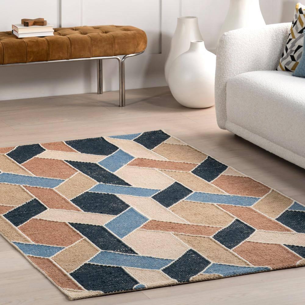 Nuloom Rhea Geometric 5x8 Wool Jute Indoor Area Rug for Dining Room Rug Neutral Rug Living Room Rug Kitchen, Blue