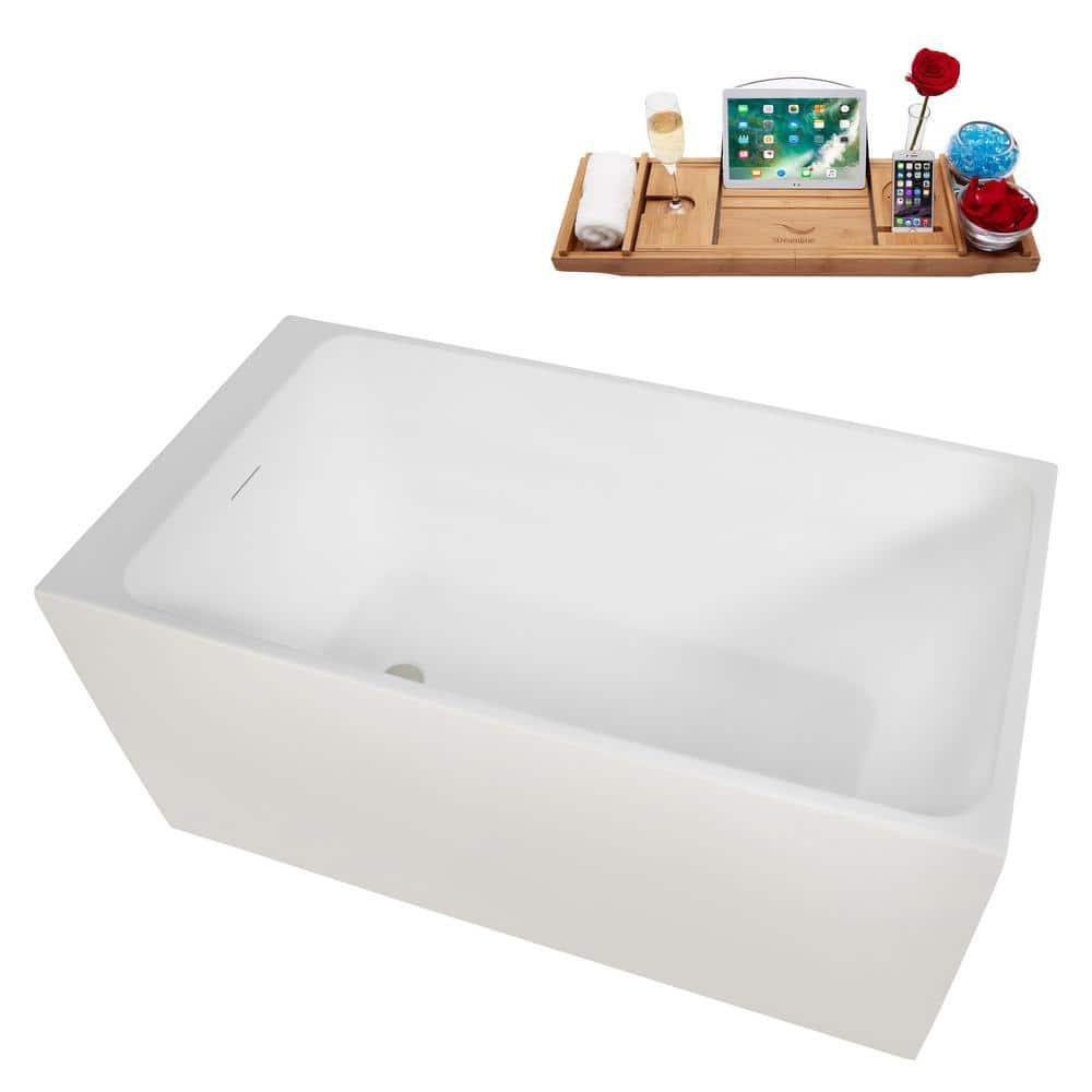 Streamline Bath 51" Streamline Soaking Glossy White Acrylic Freestanding Bathtub, Bamboo Tray, Drain B-520-244-BNK