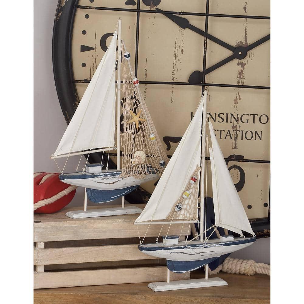 20"H, 13"W White Wood Sail Boat Sculpture, by DecMode (2 Count)