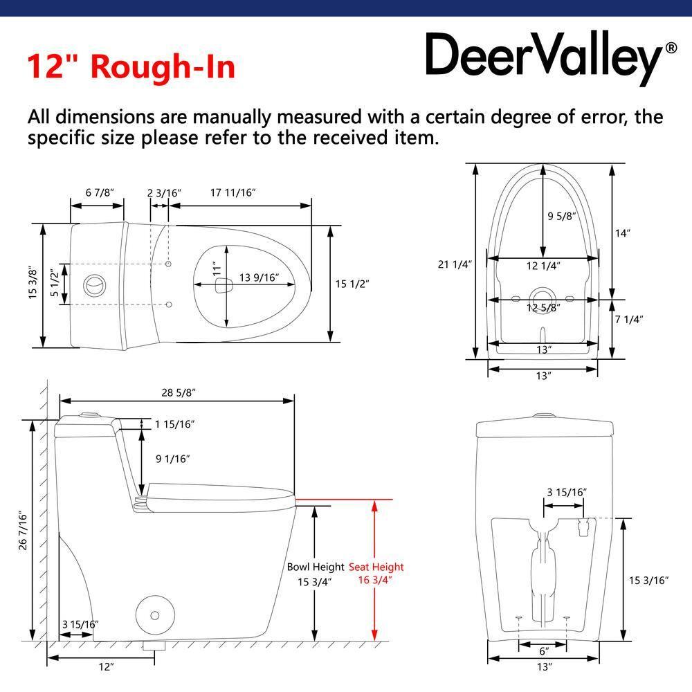 DeerValley Prism Dual-Flush Elongated One-Piece Toilet with Glazed Surface Lower Water Tank for Space Saving (Seat Included)
