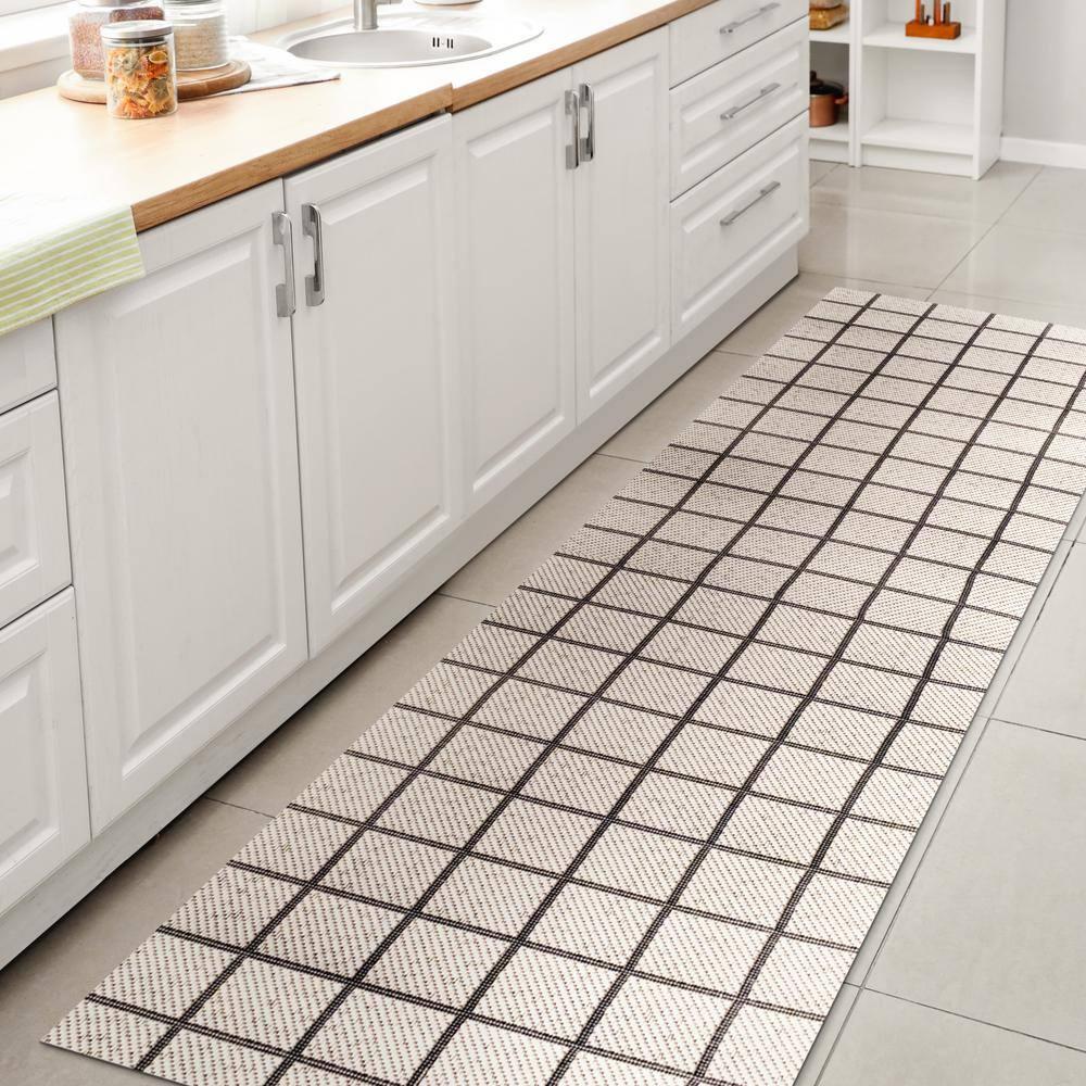 2' x 8' Grid Modern Squares Indoor/Outdoor Runner Rug, Cream/Black - JONATHAN Y